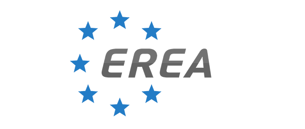 Logo featuring "EREA" in bold gray letters, surrounded by a circle of blue stars on a transparent background.