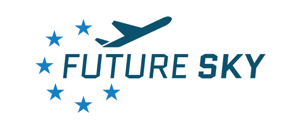Logo of "Future Sky" featuring a silhouette of an airplane surrounded by blue stars, symbolizing aviation and European unity.