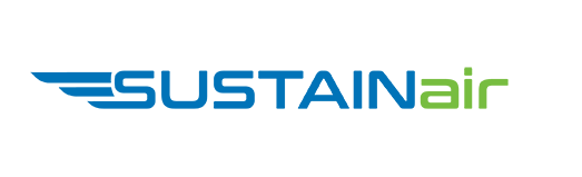 Logo for SUSTAINair, featuring bold blue lettering with a green "air" and a wing symbol, representing sustainable aviation.