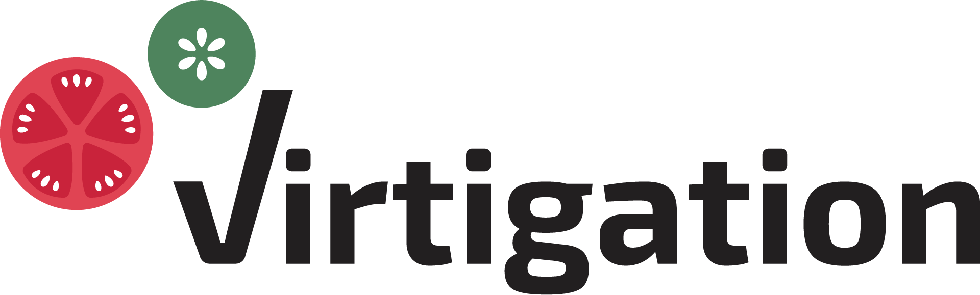 Logo of "Virtigation" featuring a red tomato slice and a green cucumber Logo of "Virtigation" featuring a red tomato slice and a green cucumber, symbolizing agriculture and innovation.