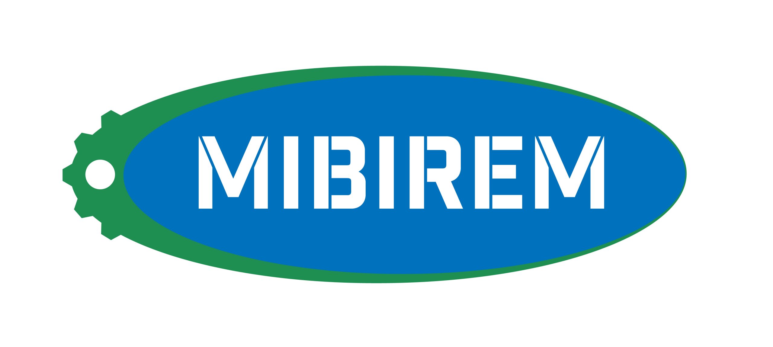Logo of Mibirem, featuring bold white letters on a blue oval background with green accents.