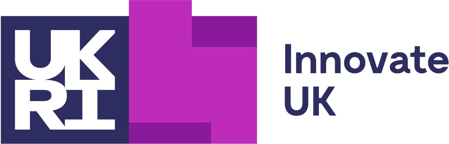 Logo of UKRI Innovate UK, featuring a dark blue square with a stylized "UKRI" and vibrant purple geometric shapes.