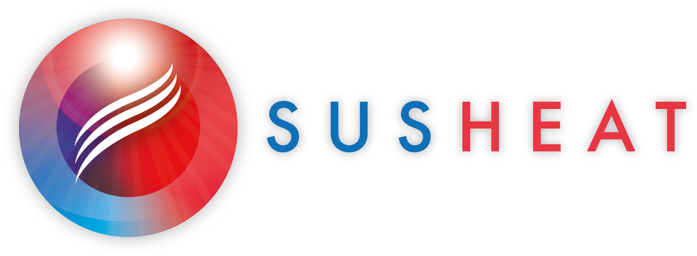 Logo of Susheat Project featuring a circular design with red and blue tones, and white stylized flames, with "SUSHEAT" in bold letters below.