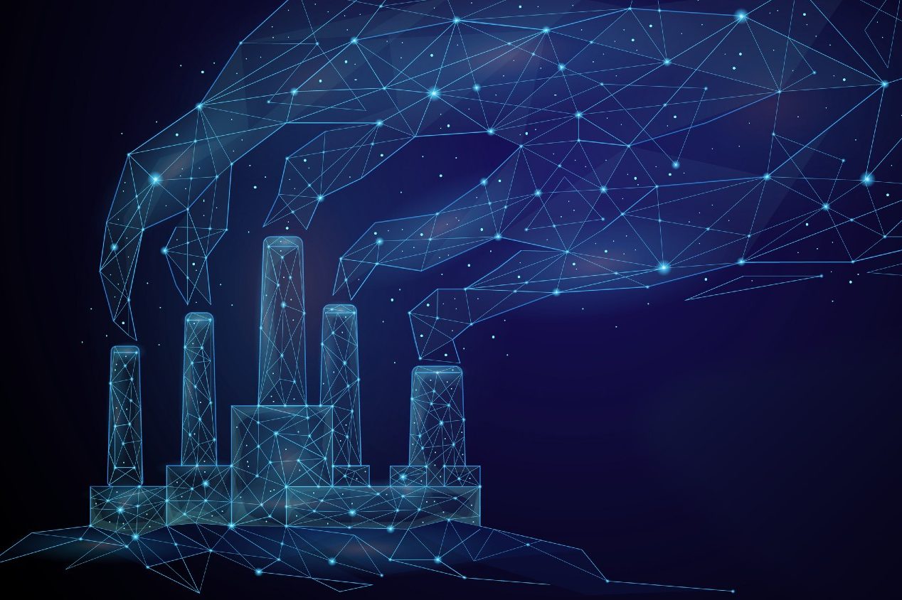 A vector image of a factory with smoking chimneys