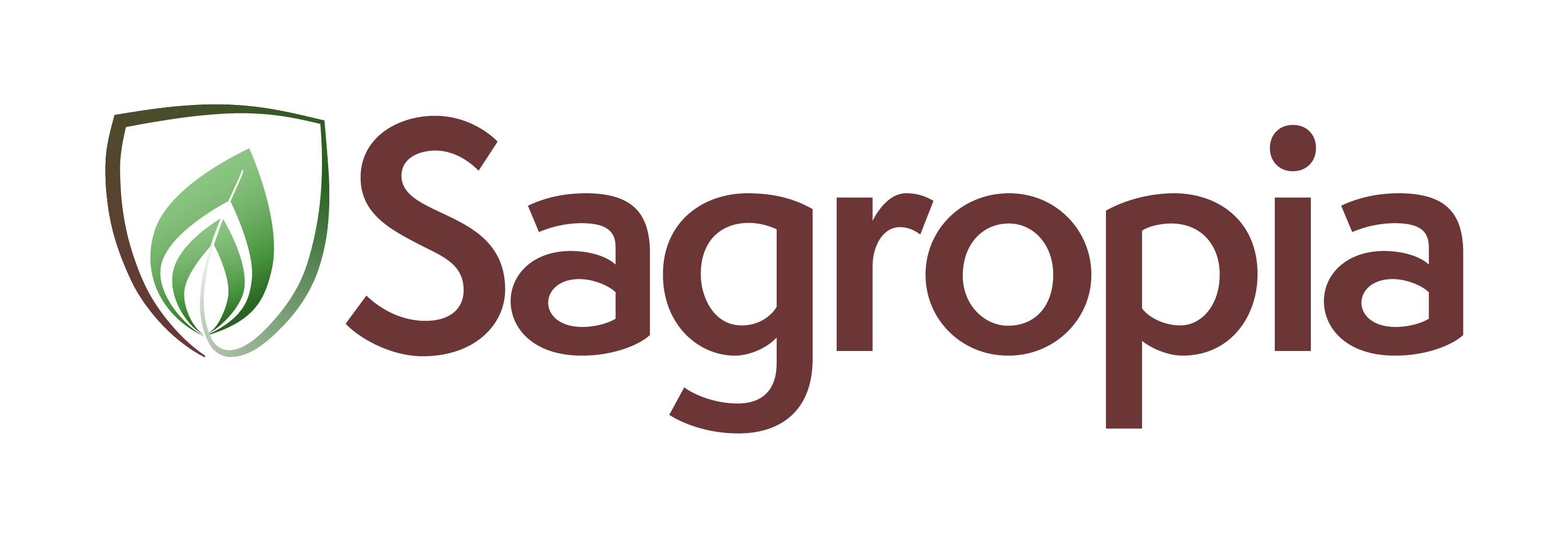 Logo for SAGROPIA featuring stylized green leaves within a shield and the brand name in brown, emphasizing sustainability and nature.