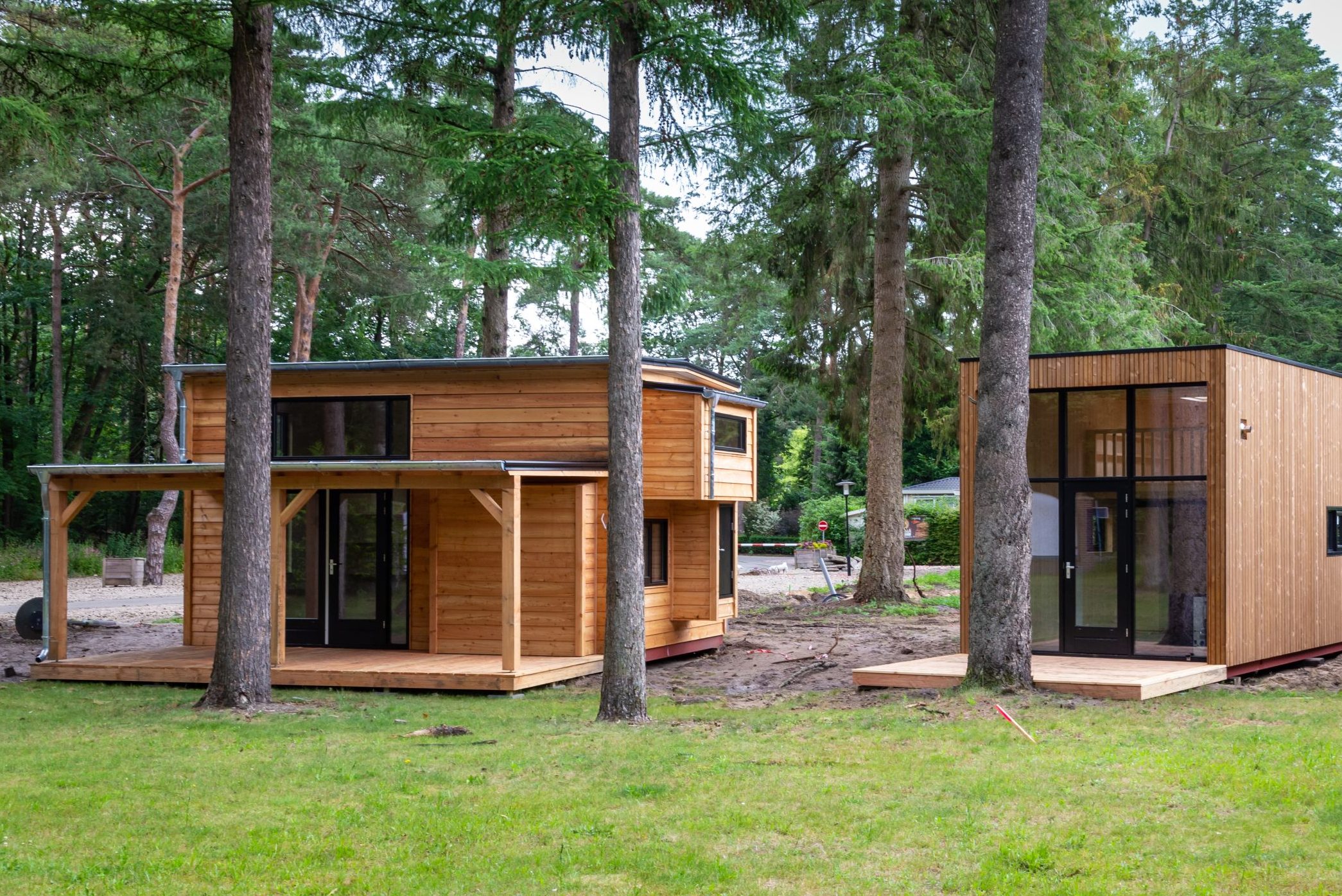 Two modern wooden cabins nestled among tall trees, showcasing a natural setting and contemporary architectural designs.