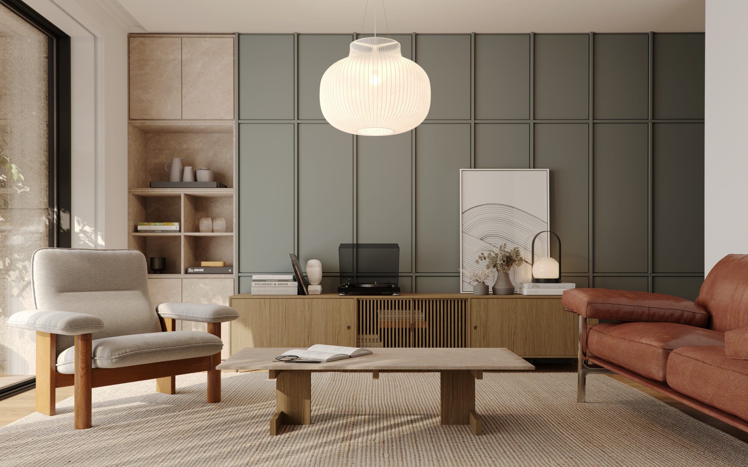A modern living room setup, including a coffe table, armchair and sofa