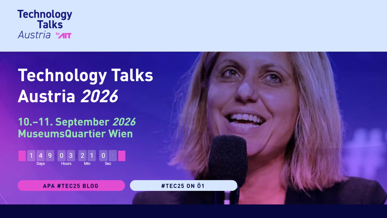 Technology Talks Austria 2026 event banner featuring a smiling woman speaking into a microphone, with event details including date, location, and hashtags.
