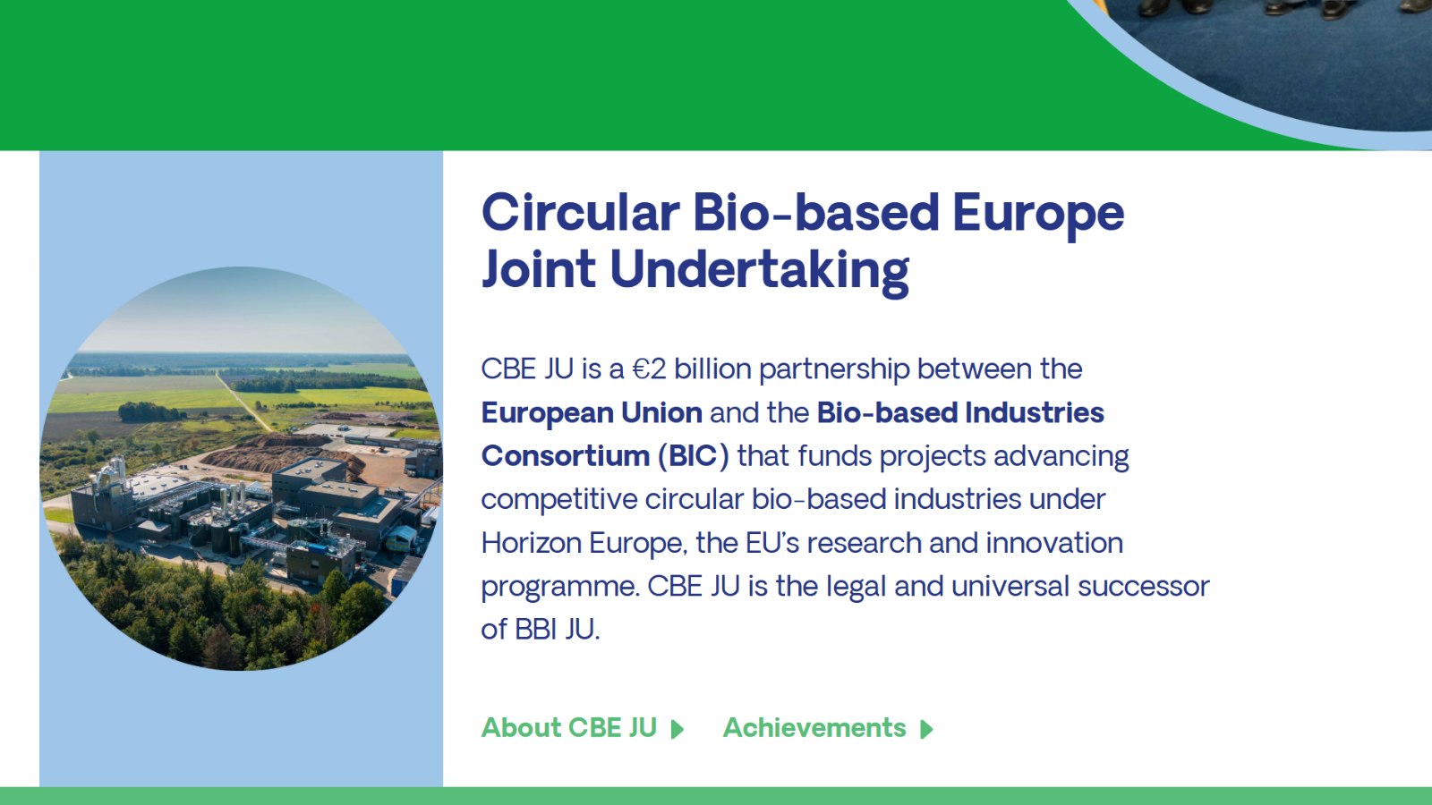 An aerial view of a large industrial complex with surrounding fields and trees, under a bright sky. Text reads "Circular Bio-based Europe Joint Undertaking" and details its partnership and mission.