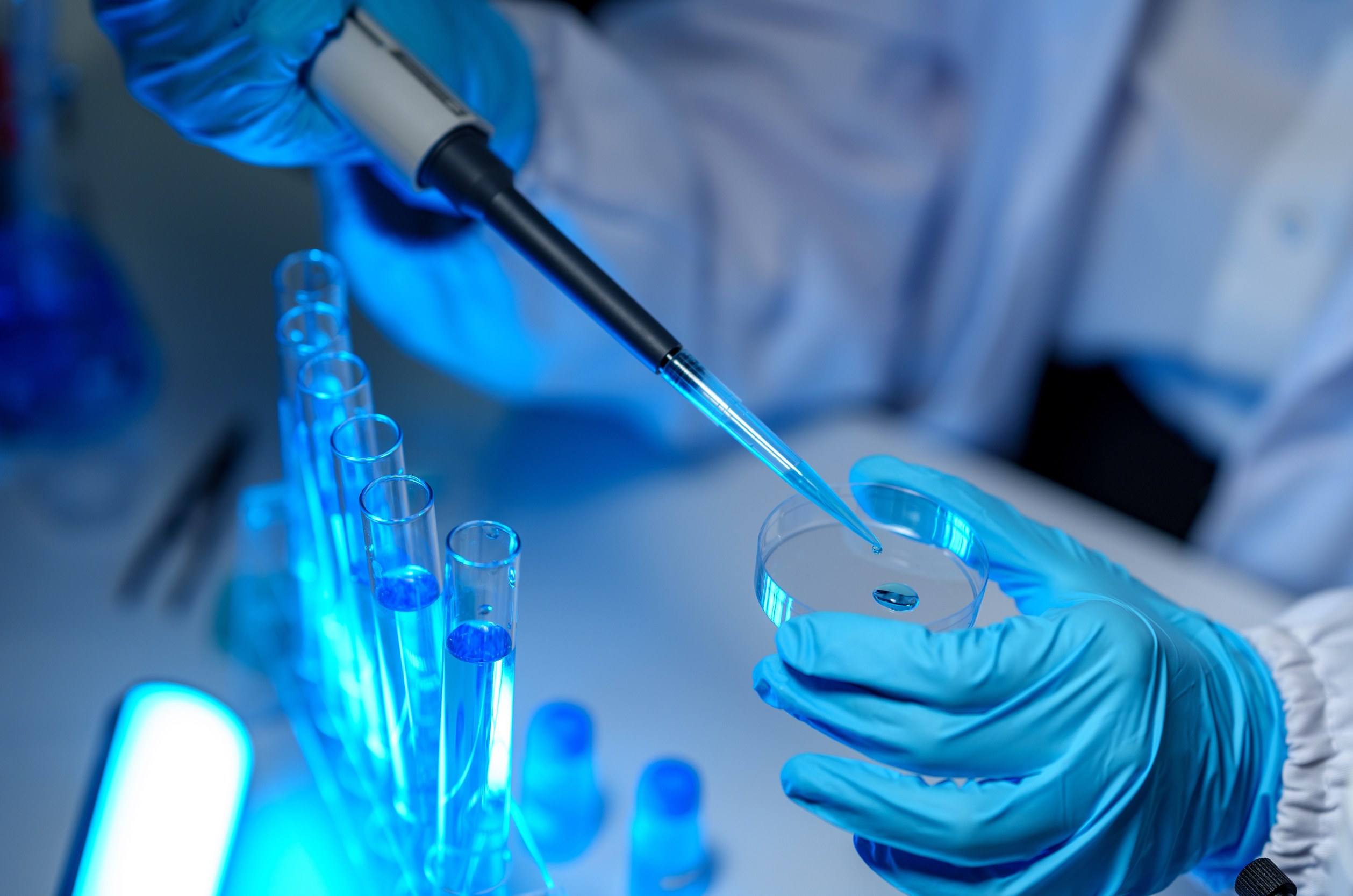 A person in gloves uses a pipette to transfer a blue liquid into a petri dish, with a rack of test tubes filled with blue liquid in the background.