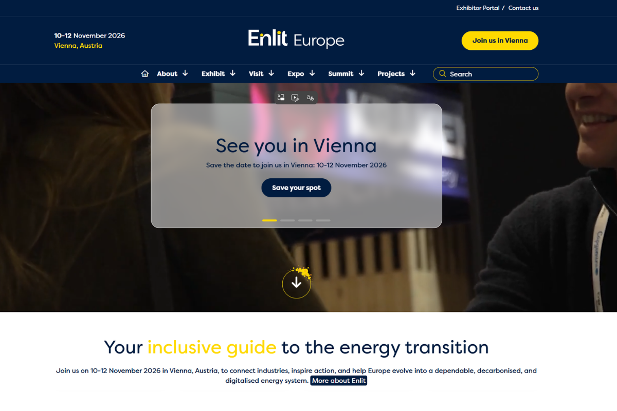Website for Enlit Europe, a conference in Vienna, Austria, from November 10-12, 2026, with a call to action to save your spot.